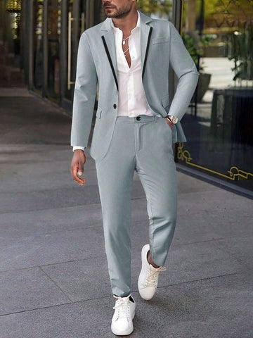 Men's Contrast Color Trim Single-Breasted Suit Jacket And Pants Set