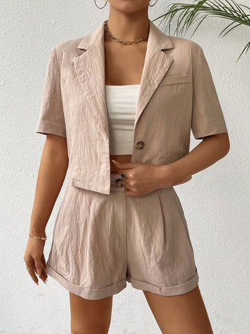 Solid Color Lapel Single Breasted Suit Jacket And Shorts Set