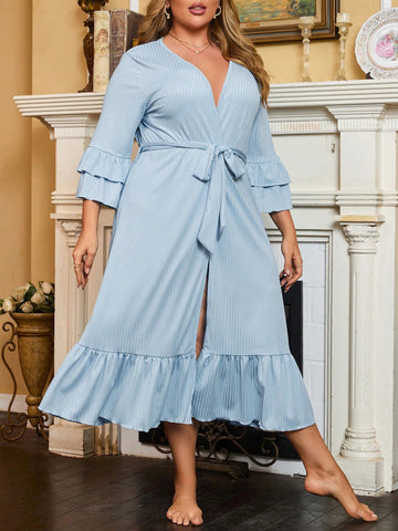 Plus Size Women's Solid Color Bell Sleeve Robe With Ruffle Hem