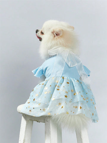 Blue Knit & Mesh Star Decor Pet Dress With Pleated Hem, Lace Trim And Short Sleeve For Cat & Dog