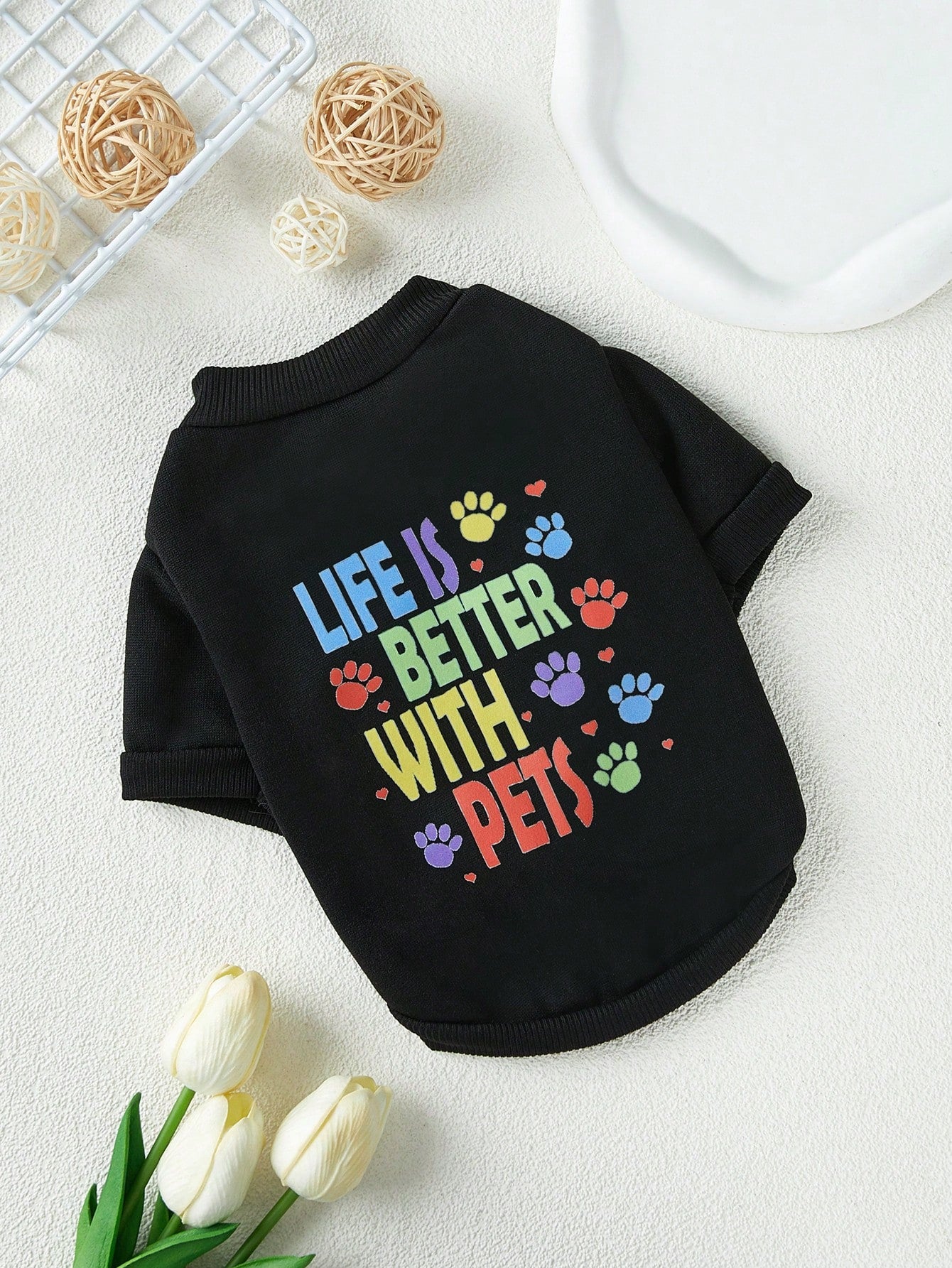 1pc Cute Footprint & Slogan Printed Black Pet Dog & Cat Graphic Sweatshirt Without Hood