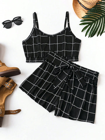 Plus Size Plaid Pattern Cami Top And Shorts Set Short Sets Summer