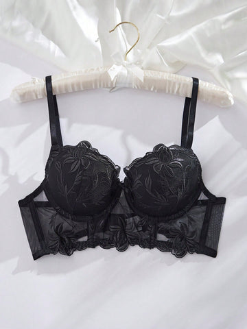 Ladies' Classic Black Bra With Molded Cups And Embroidered Flower Design For Tops