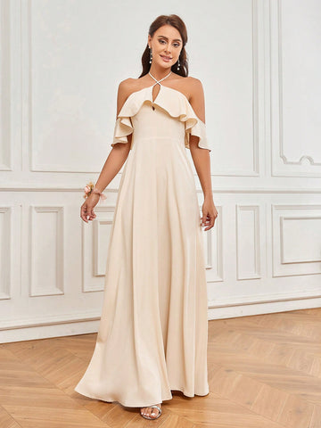Women's Romantic Elegant Apricot Skin-Friendly Woven Fabric Suspender Belt Off-Shoulder Neckline With Ruffles A-Line Bridesmaid Dress