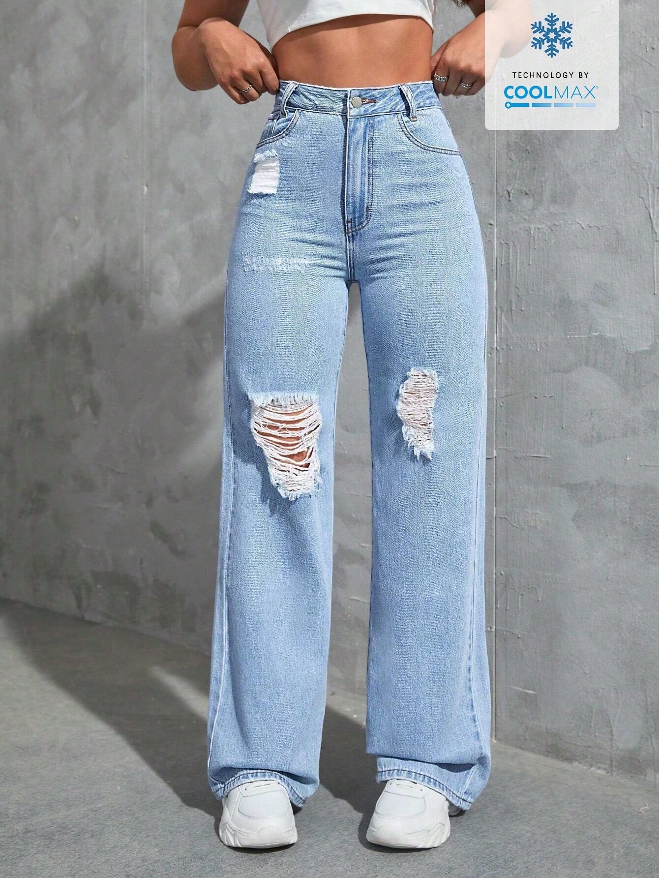 Coolmax Solid Color Straight Leg Jeans With Distressed Holes