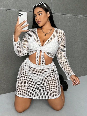 Plus Size Solid Color Crop Top And Skirt Set With Fishnet Tie-Up Detail