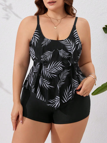 Plus Size Tropical Print Cinching Waist Tankini Swimsuit Set