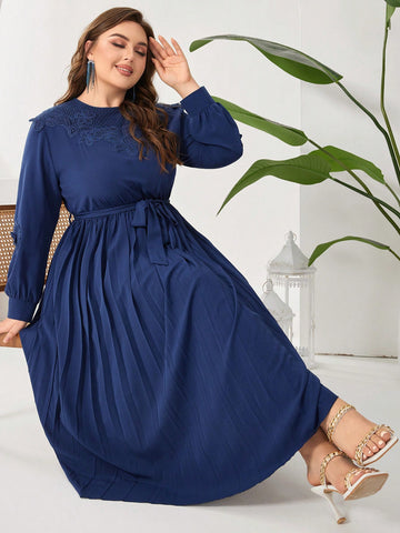 Plus Size Spliced Water Soluble Lace A-Line Dress With Pleats