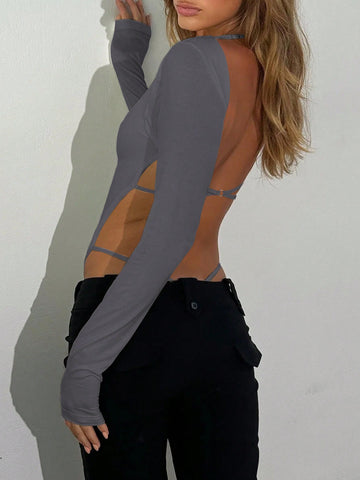 Solid Color Square Neck Backless Bodysuit