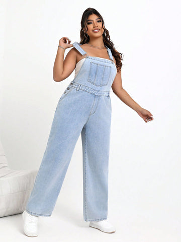 Plus Size Overalls With Button On Side Waist And Pockets, Loose Straight Leg Jeans