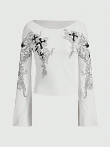 Cross Print Bell Sleeve T-shirt