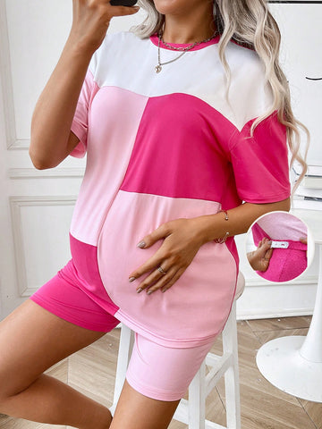 Maternity Round Neck Color Block Casual Short-Sleeved T-Shirt And Leggings Two-Piece Set