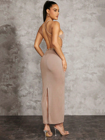 Sexy Big Backless Cross Strap Beach Resort Holiday Chain Decorated Halter Neck Tight Long Slit Women's Dress