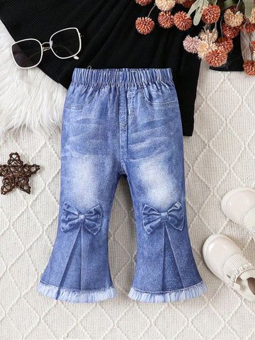 Baby Girls' Jeans Pants With Realistic Imitation Denim Print