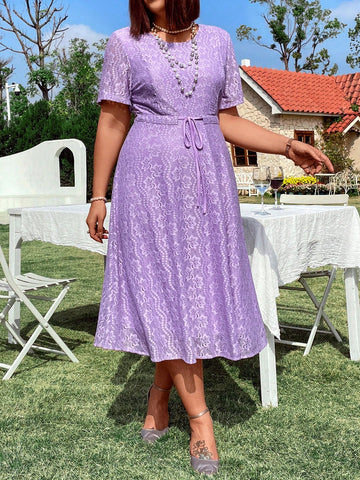 Plus Size Solid Color Lace Up Waist Dress