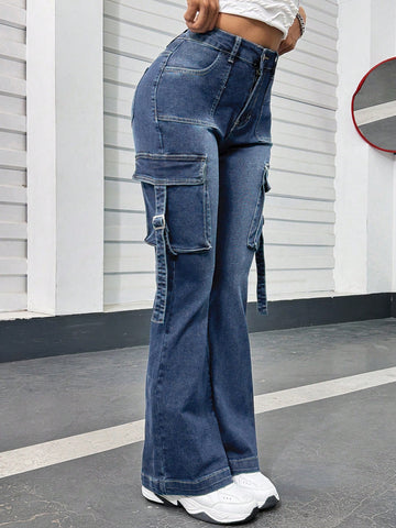 Y2k High Waist Elasticity Workwear Denim Flare Pants Blue