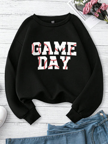 Casual & Simple Game Day English Print Round Neck Loose Women's Sweatshirt With Long Sleeves
