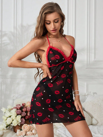 Women's Splicing Lace Trimmed V Neck Sleep Dress With Letter & Lips Print And Neck Tie
