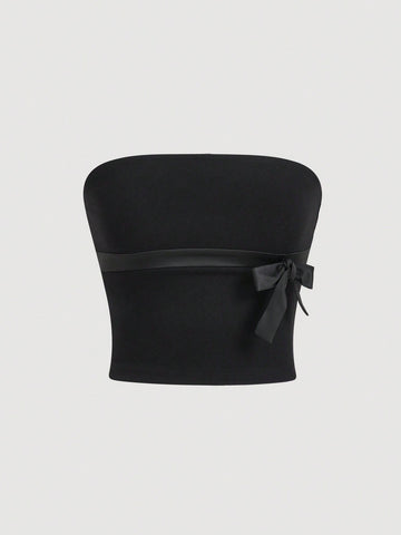 Women's Black Knitting Fabric Waist Tie Decor Bow Knot Design Tube Top