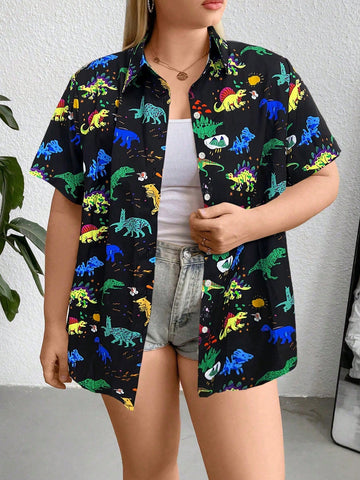 Plus Size Men's Dinosaur Printed Button Front Short Sleeve Shirt