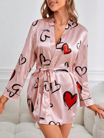 Heart Print Belted Satin Robe