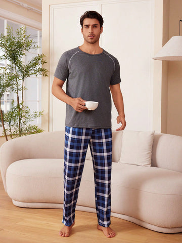 Men's Short Raglan Sleeve Top And Plaid Pants Homewear Set