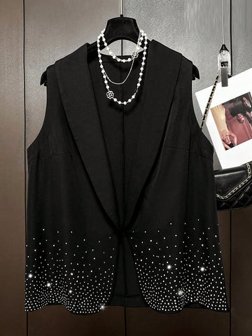 Plus Size Beaded Detail Shawl Collar Open Front Vest