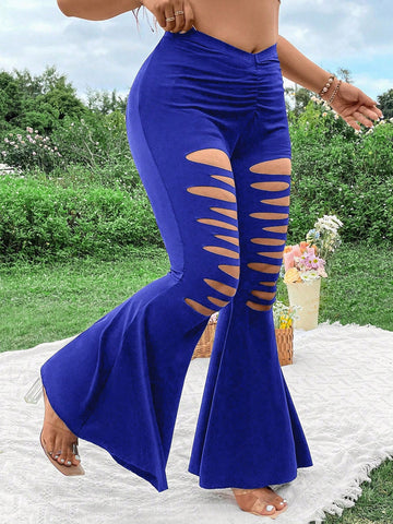 Plus Size Solid Color Pleated Hollow Out Flare Pants