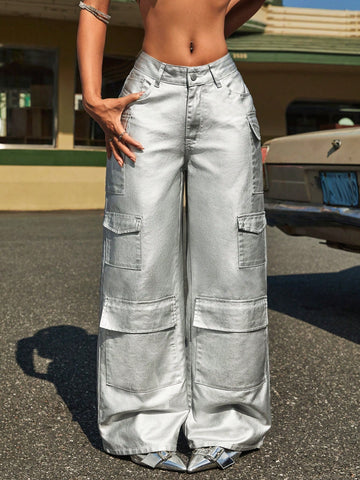 Metallic Flap Pocket High Waist Wide Leg Jeans
