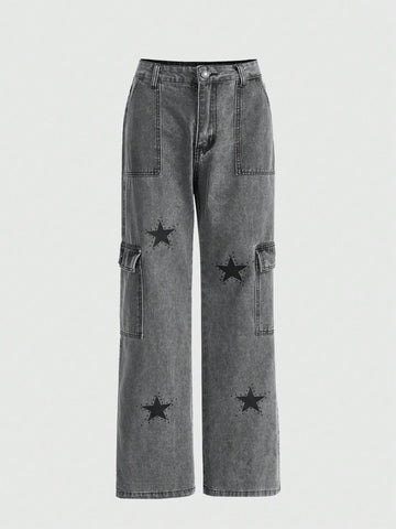 Star Print Flap Pocket Cargo Jeans