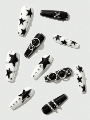 10pcs Dark Punk 5-Pointed Star Metal Decorated Hand-Painted Nail Tips With 3 Double-Sided Adhesive Pads