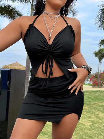 Plus Size Sleeveless Halter Top And Skirt With Drawstring Design