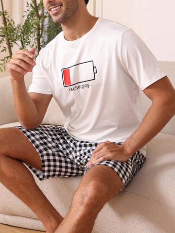 Men's Battery & Letter Print Top And Plaid Shorts Homewear Set