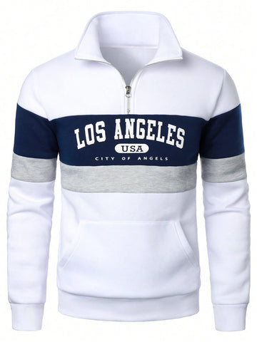 Men's Color Block Half-Zip Pullover With Letter Printing