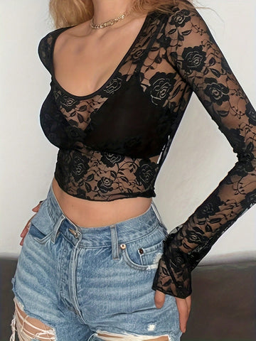 Women's Floral Mesh Crop Top With Long Sleeves For Summer