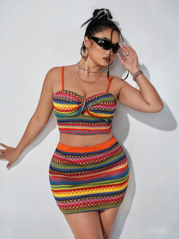 Y2k Summer Plus Size Women's Colorful Twisted Camisole Hip-Hugging Skirt Slim Two-Piece Set For Music Festival & Party Outfits