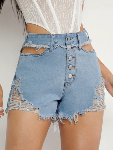 Button Fly Cut Out Denim Shorts