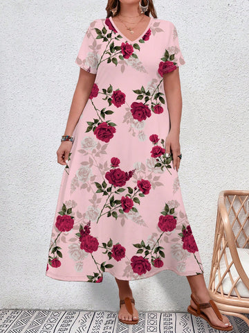 Plus Size Floral Printed Rose Pattern Dress