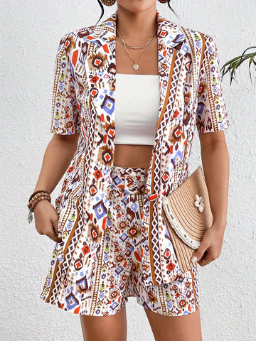 Bohemian Geometric Printed Casual Blazer With Lapel Collar And Shorts Set