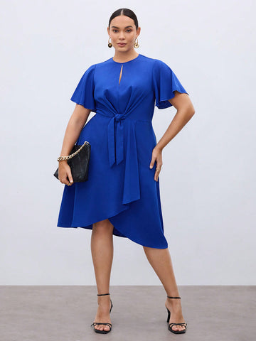 Women Plus Size Woven Hollow-Out A-Line Dress With Wide Belt And Ruffled Sleeves For Casual Wear