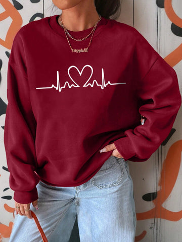 Women's Plus Size Heartbeat Graphic Printed Round Neck Sweatshirt
