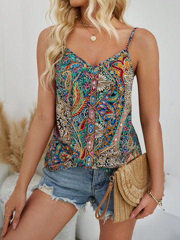 Paisley Print V-Neck Loose Camisole Top