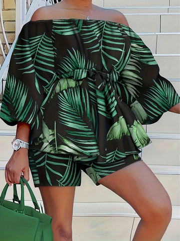 Ladies' Tropical Plant Print One Shoulder Top And Shorts Set Short Sets Summer