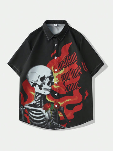 Men's Casual Streetwear Letter & Skull Printed Short Sleeve Shirt, Suitable For Spring And Summer