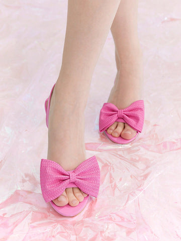 Pink Pu Butterfly Knot Woven Decor Women'S Round Toe Cute High-Heel Sandals