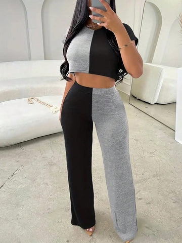 Women's Color Block Cropped Top And Long Pants Set