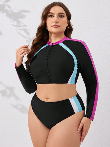 Plus Size Color Block Splicing Swimsuit Set