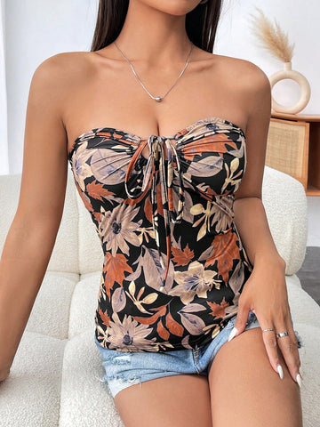Floral Printed Strapless Top With Belt