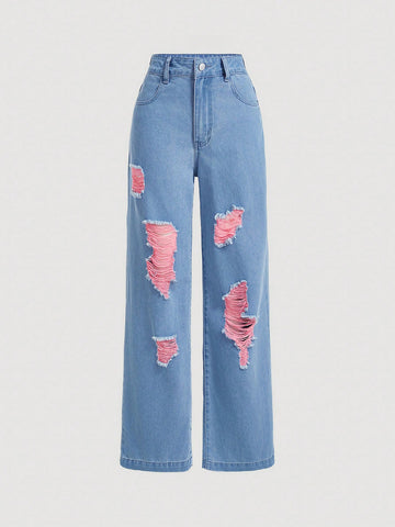 Vintage Sweet Pink Ripped Casual Women's Wide-Leg Denim Pants