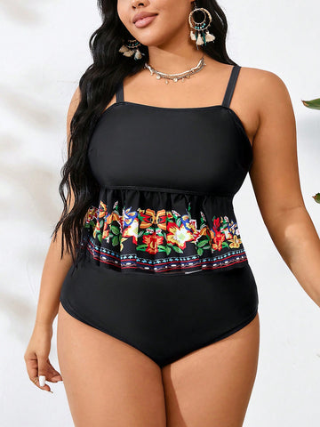 Summer Beach Plus Contrast Floral Print Ruffle Hem Sleeveless Tankini Swimsuit Set